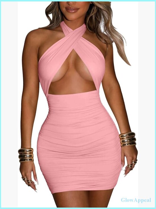Dresses & Skirts - Sexy Ruched Bodycon Halter Criss Cross Cut Out Backless Mini Dress